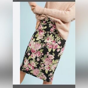 Anthropologie Maeve black & pink texture floral Jacquard pencil skirt